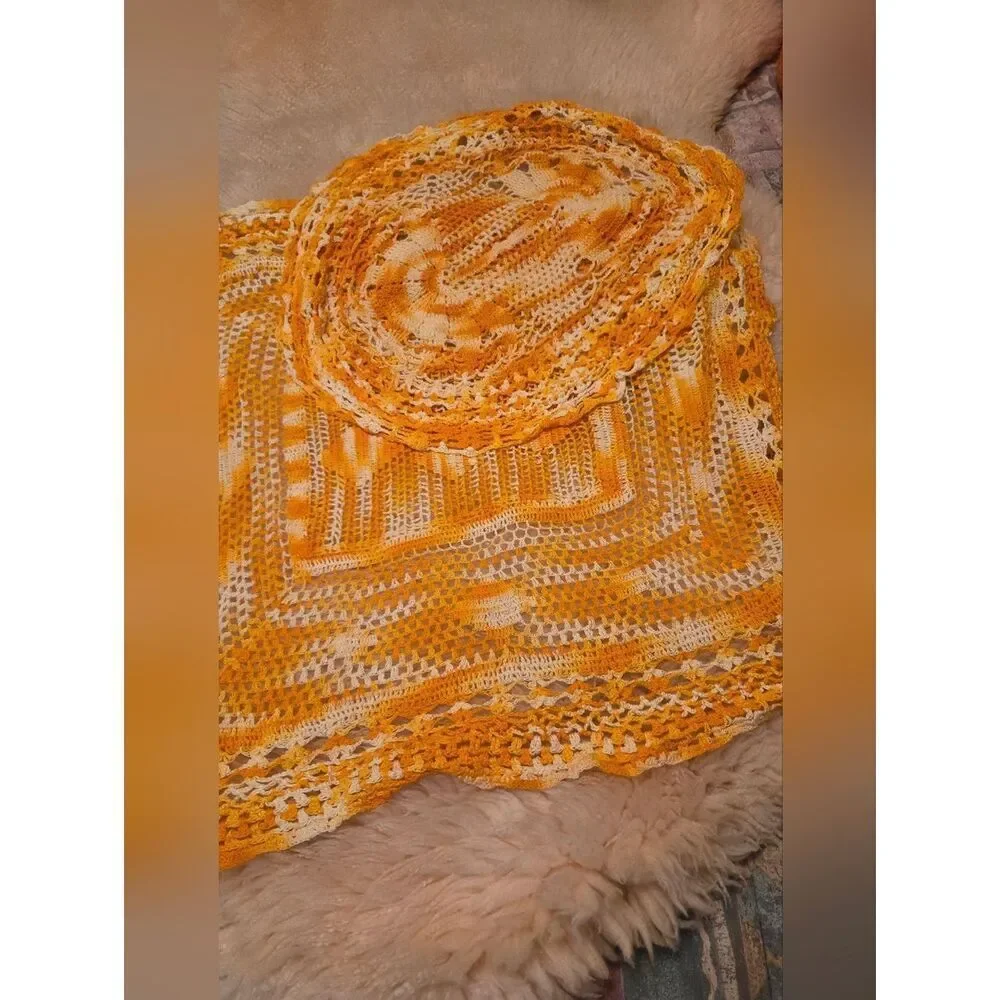 Unbranded Crochet Orange Cream Handmade NaturalCotton Centrepiece Doily 19.5×15